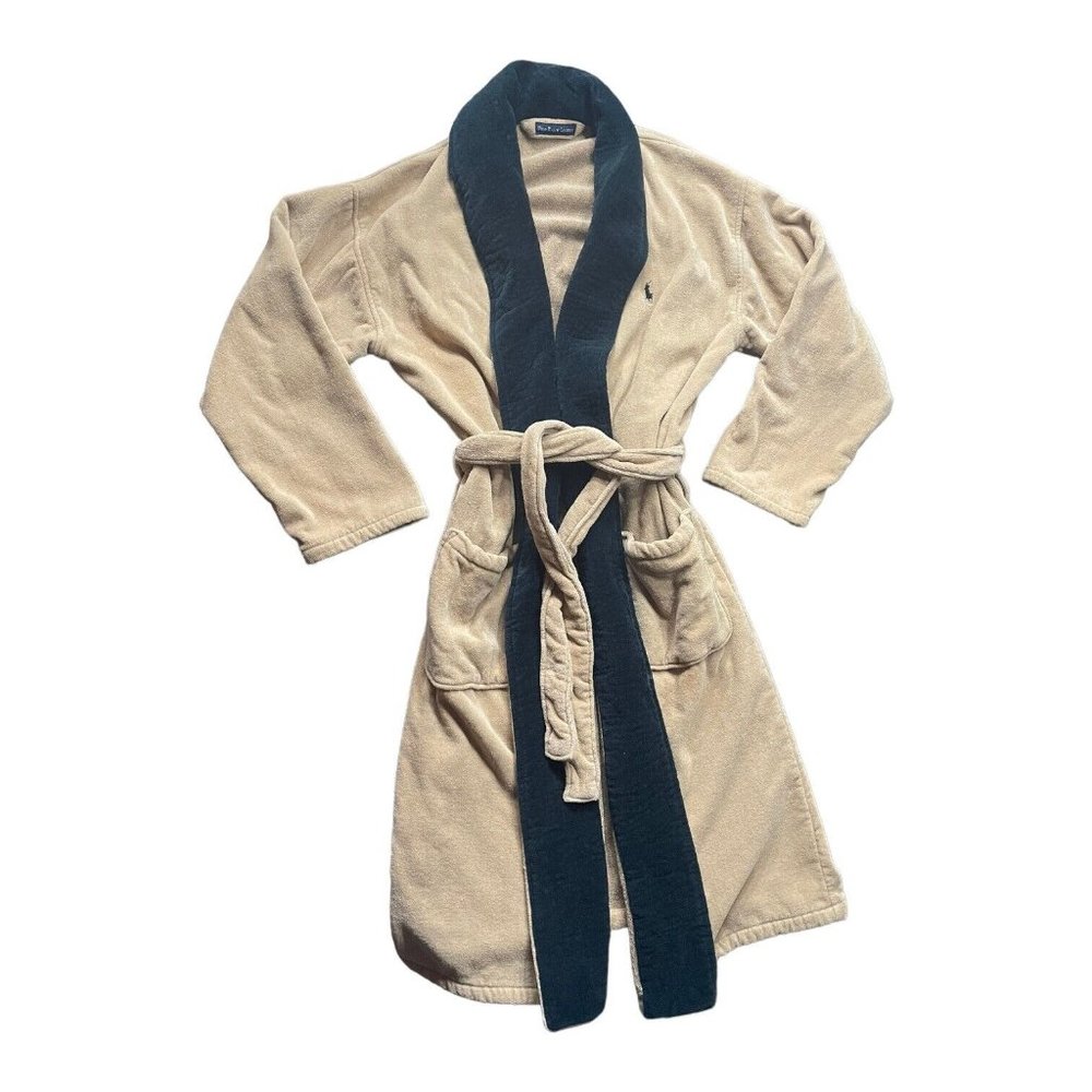 Vintage Ralph Lauren Polo Tan Black Terry Cloth Cotton Robe Long Sleeve Pockets